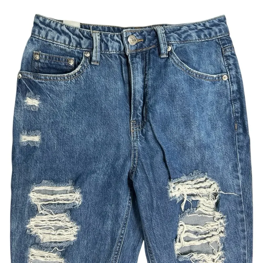 Almost Famous Distressed Mom Jeans Womens Juniors Size 1 Medium Wash Blue Ripped - Picture 3 of 14